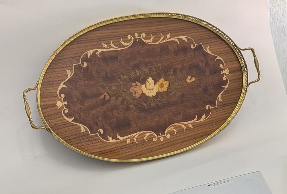 Italian Marquetry Wood Floral Inlay Brass Handles Tea Vanity Serving Tray